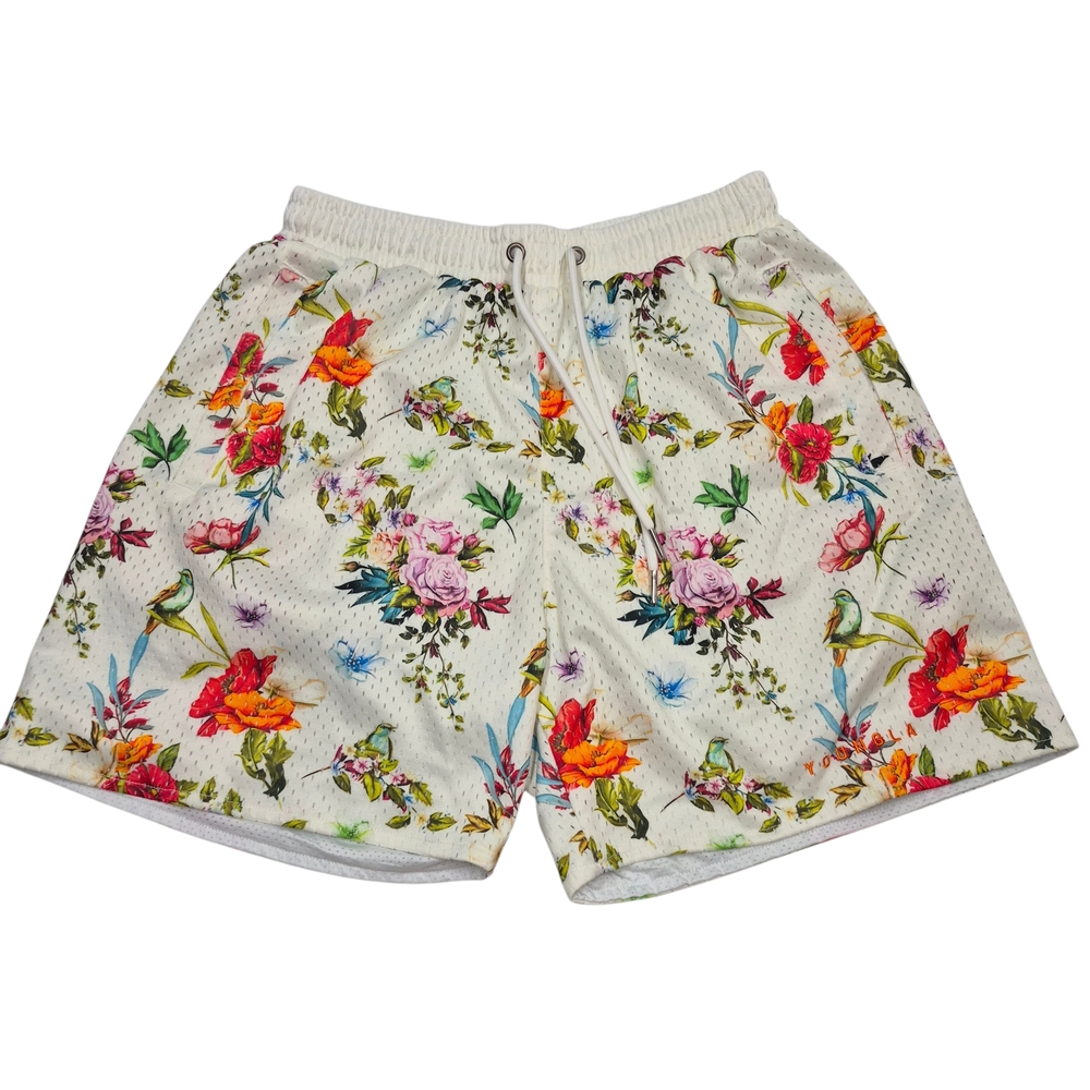 YOUNGLA Men's Floral Print White Mesh Block Shorts Medium Unisex